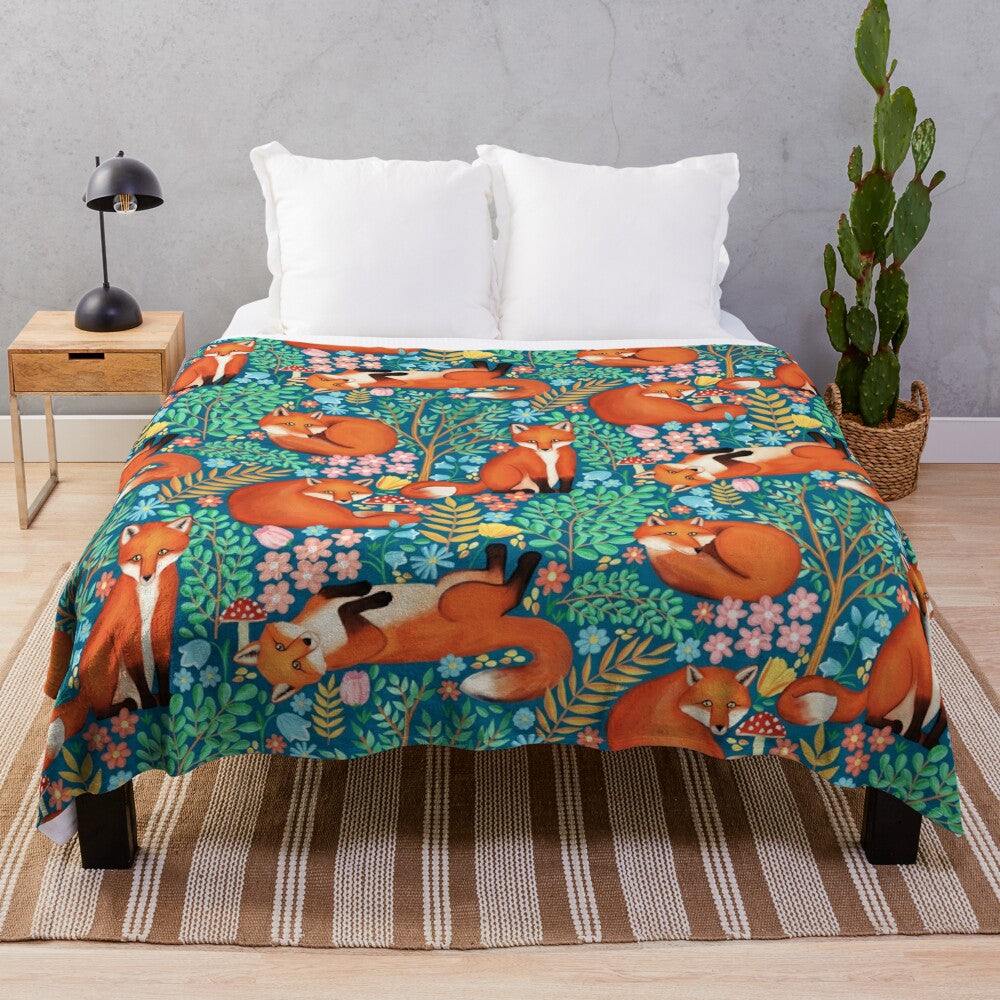 Soft and plush blanket featuring a fantasy forest design with cute woodland animals like foxes and dogs.