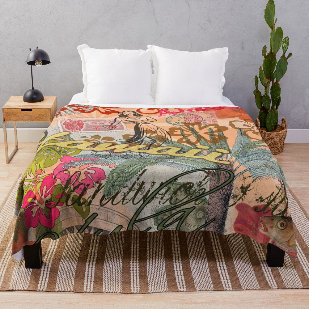 Vintage Hawaii Tropical Collage Plush Blanket with Hawaiian Flowers, Palm Trees, and Tropical Motifs