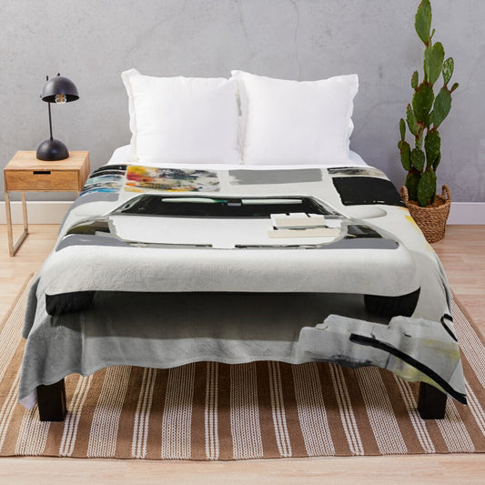 Plush blanket featuring a minimalist oil painting design of a classic car