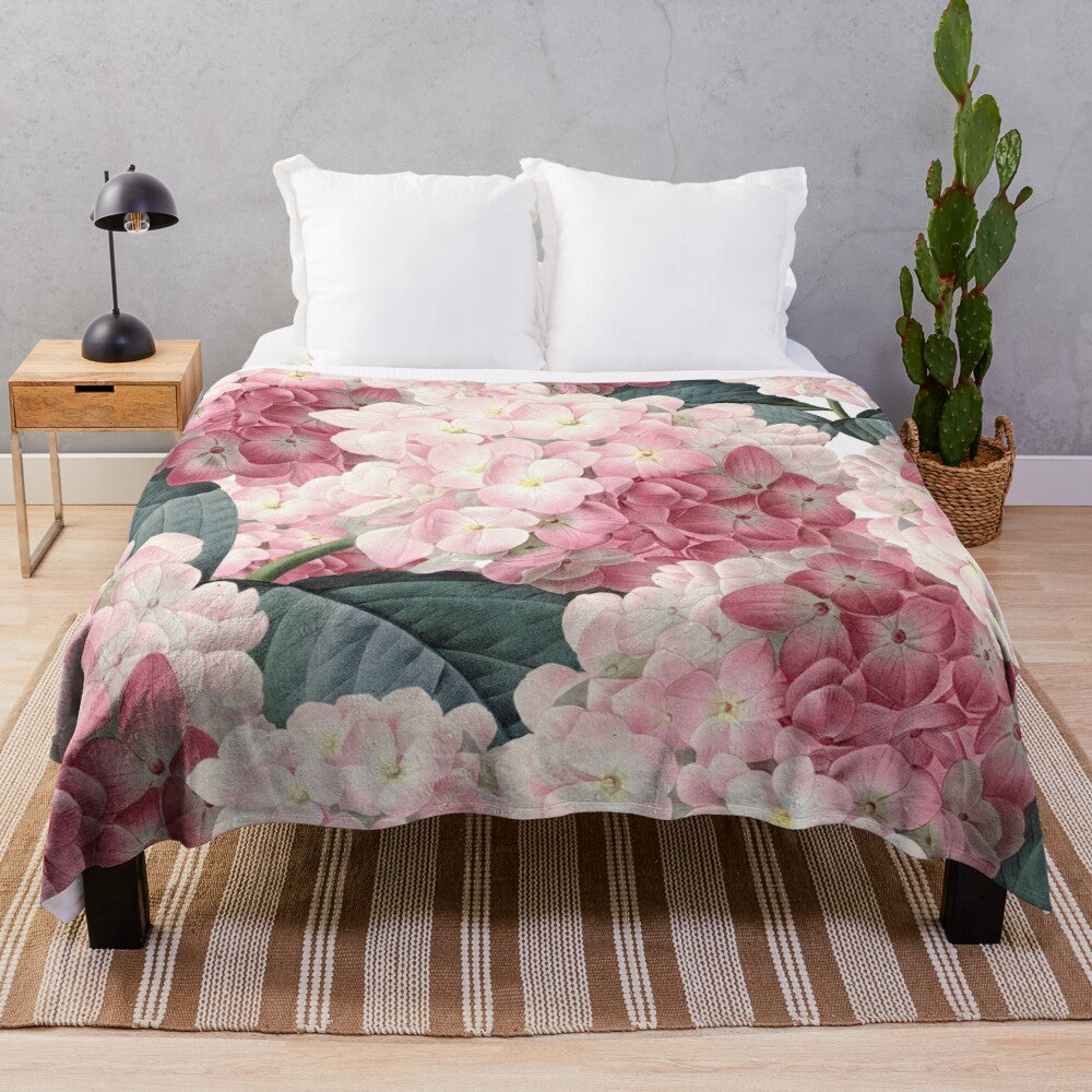 Pink hydrangea floral plush blanket