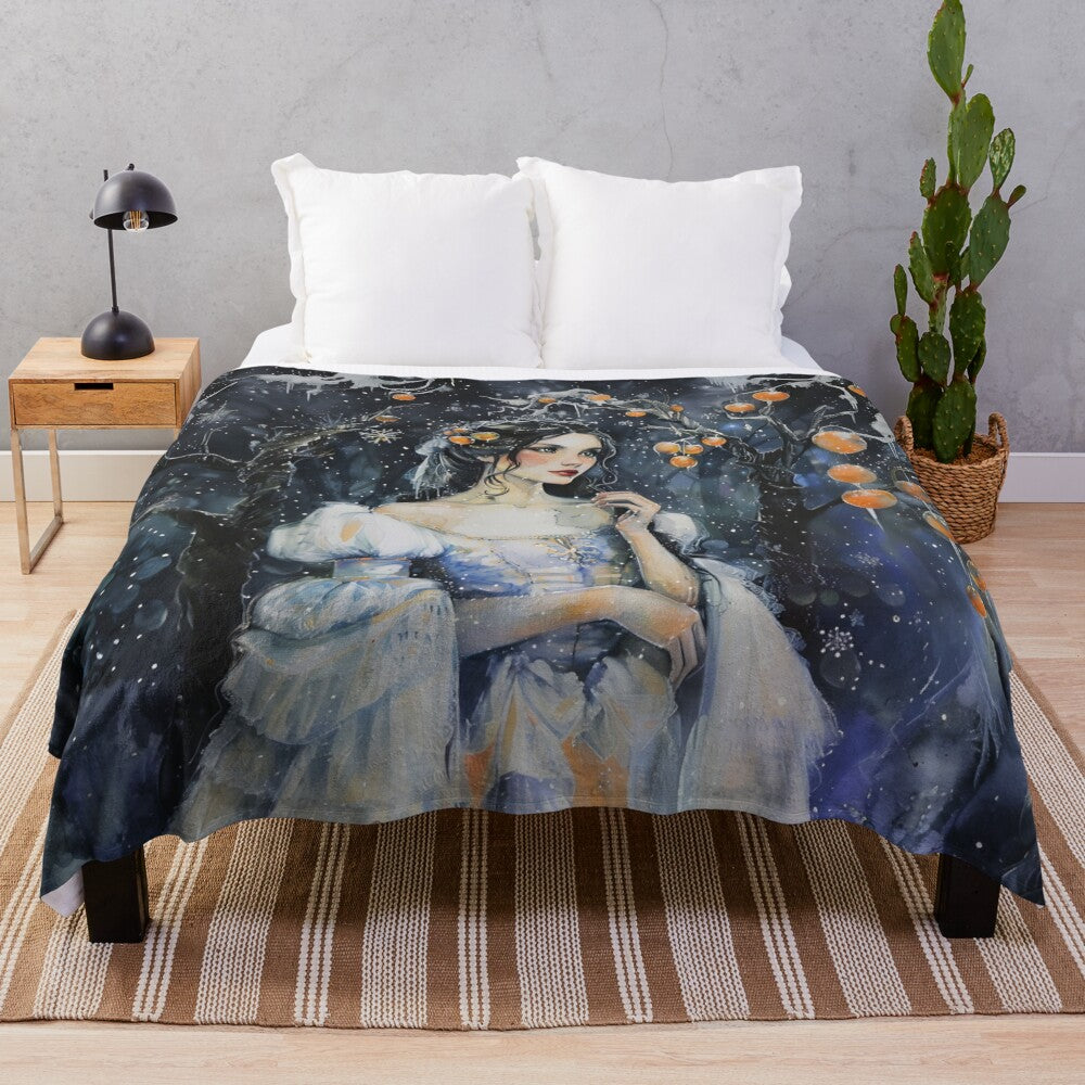 Plush winter princess blanket with a fantasy forest landscape painting