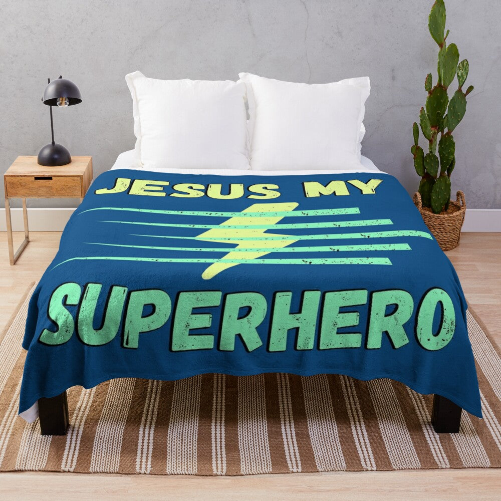 Plush Christian Blanket featuring Jesus as a Superhero