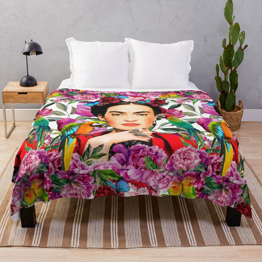 Frida-inspired plush blanket with floral and nature motifs