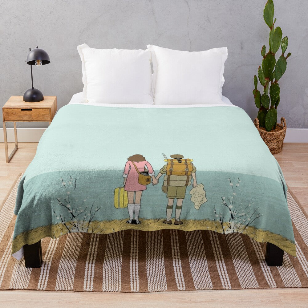 Wes Anderson inspired plush blanket with colorful graphic design