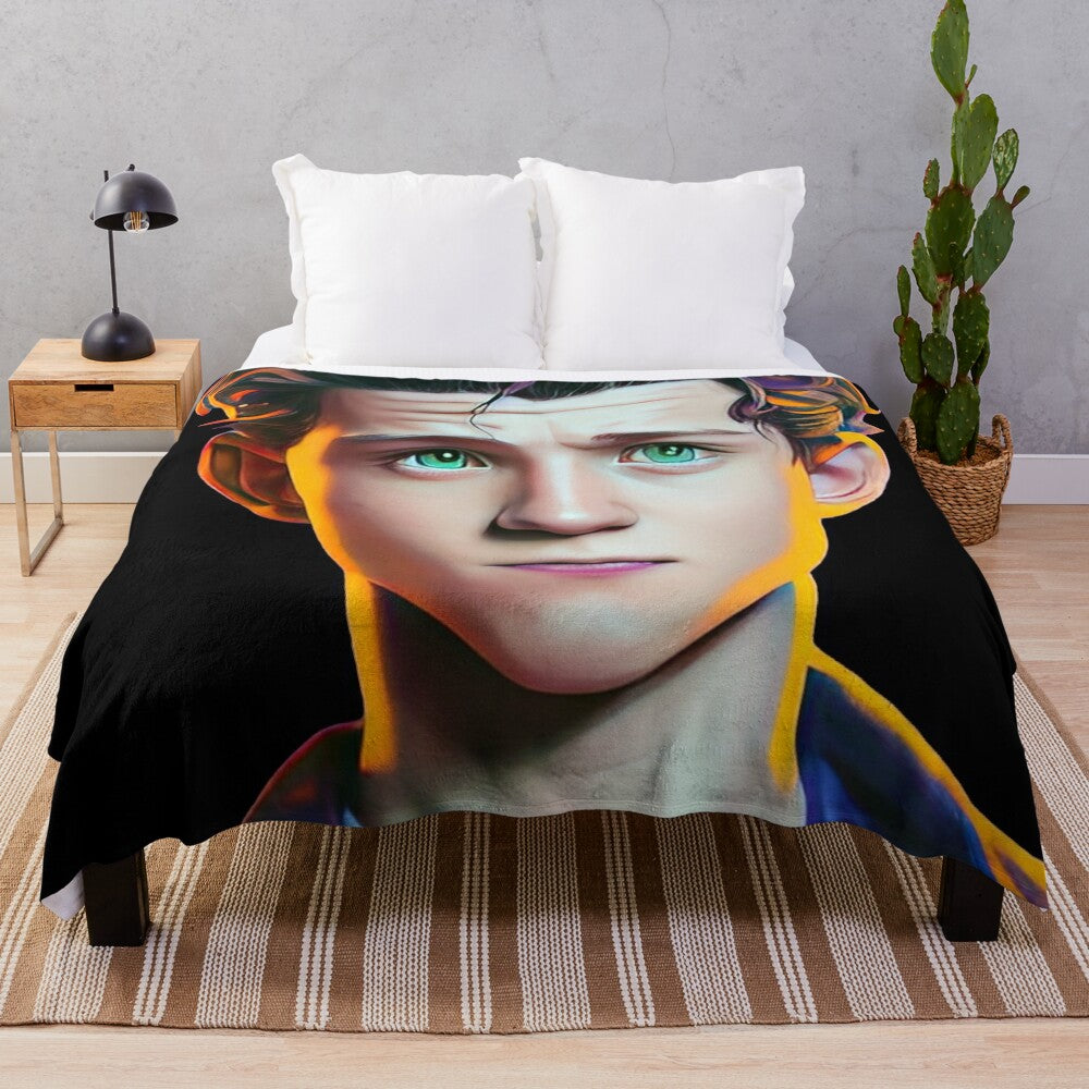 A cozy plush blanket featuring a cartoon portrait of actor Tom Holland