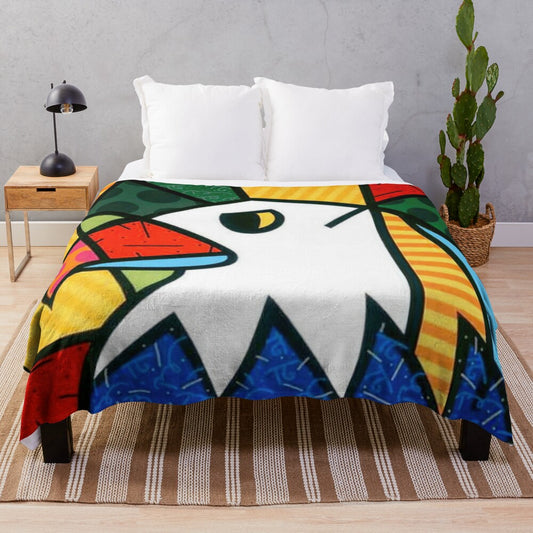 Colorful pop art inspired plush blanket featuring Romero Britto's signature bold and playful patterns