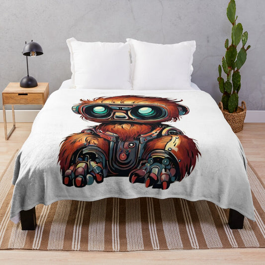 Plush blanket with a robotic Bigfoot design