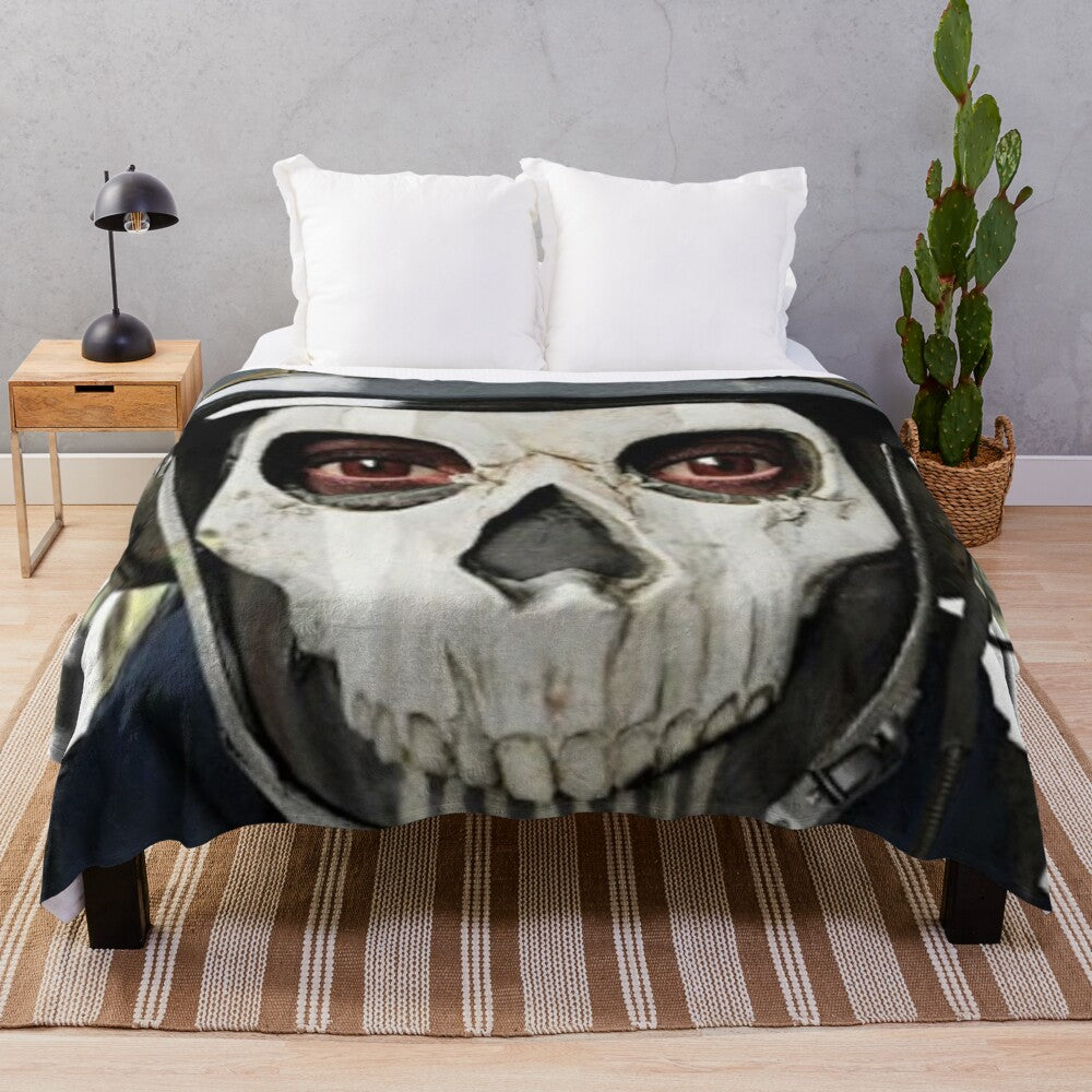 Soft and cozy plush blanket featuring a ghost design, perfect for COD MW2 enthusiasts