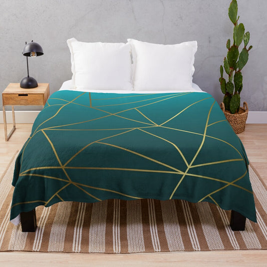 Teal ombre and metallic gold geometric design plush blanket