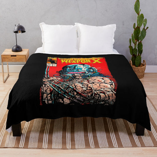 Vintage-inspired Wolverine plush blanket with comic book graphics