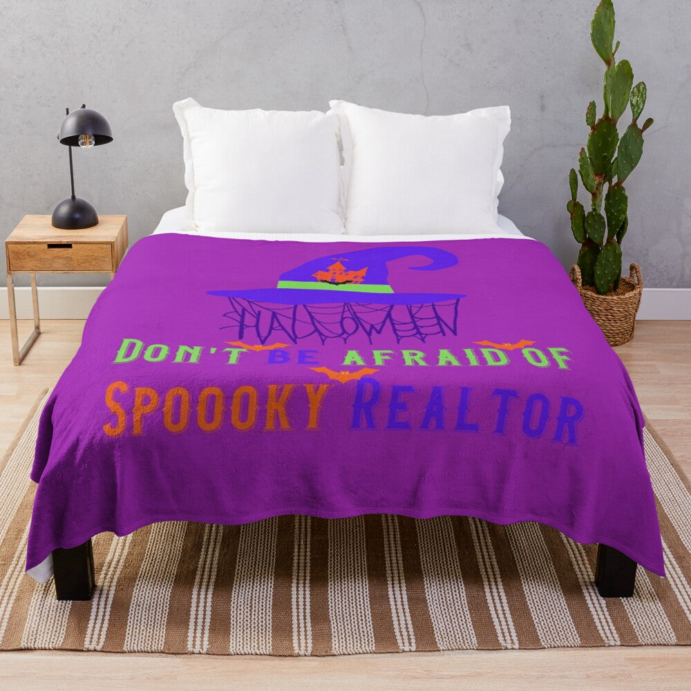 Spooky realtor plush blanket with witch hat and bats