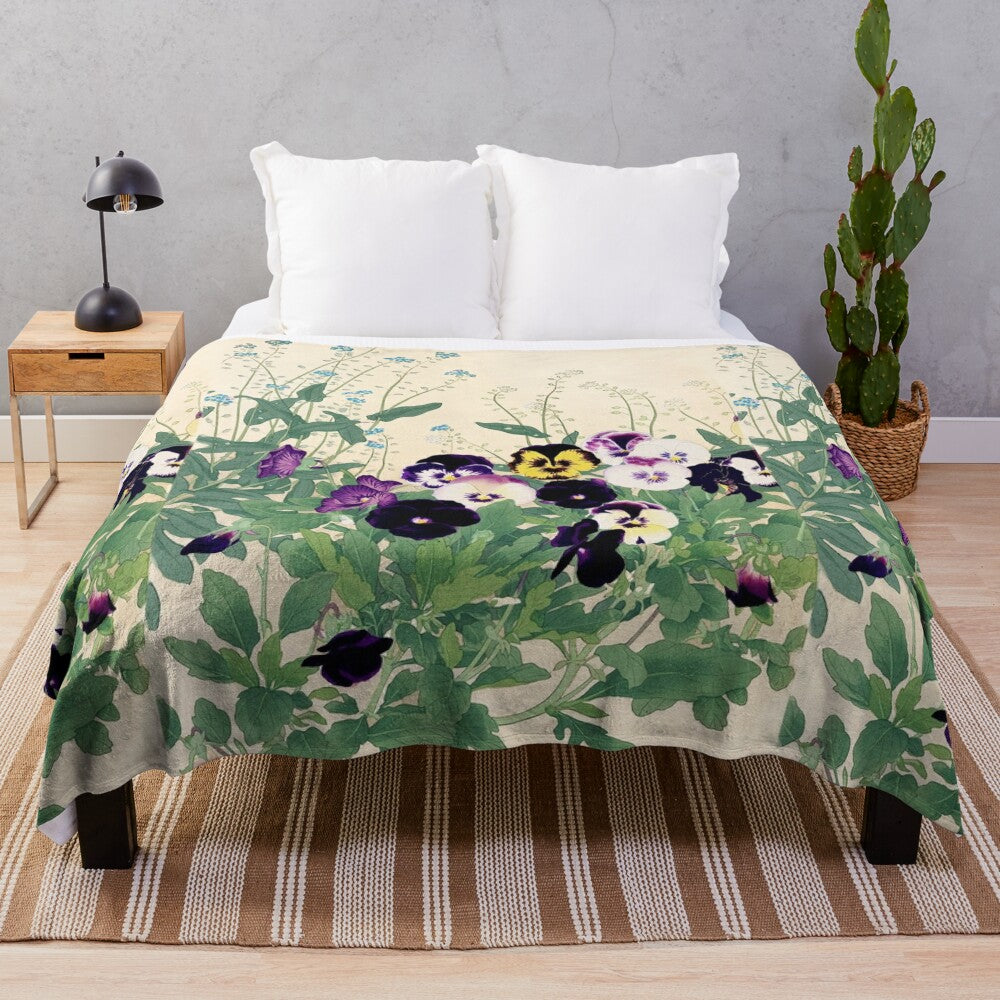 Antique Japanese floral plush blanket featuring vibrant pansies and lush green leaves