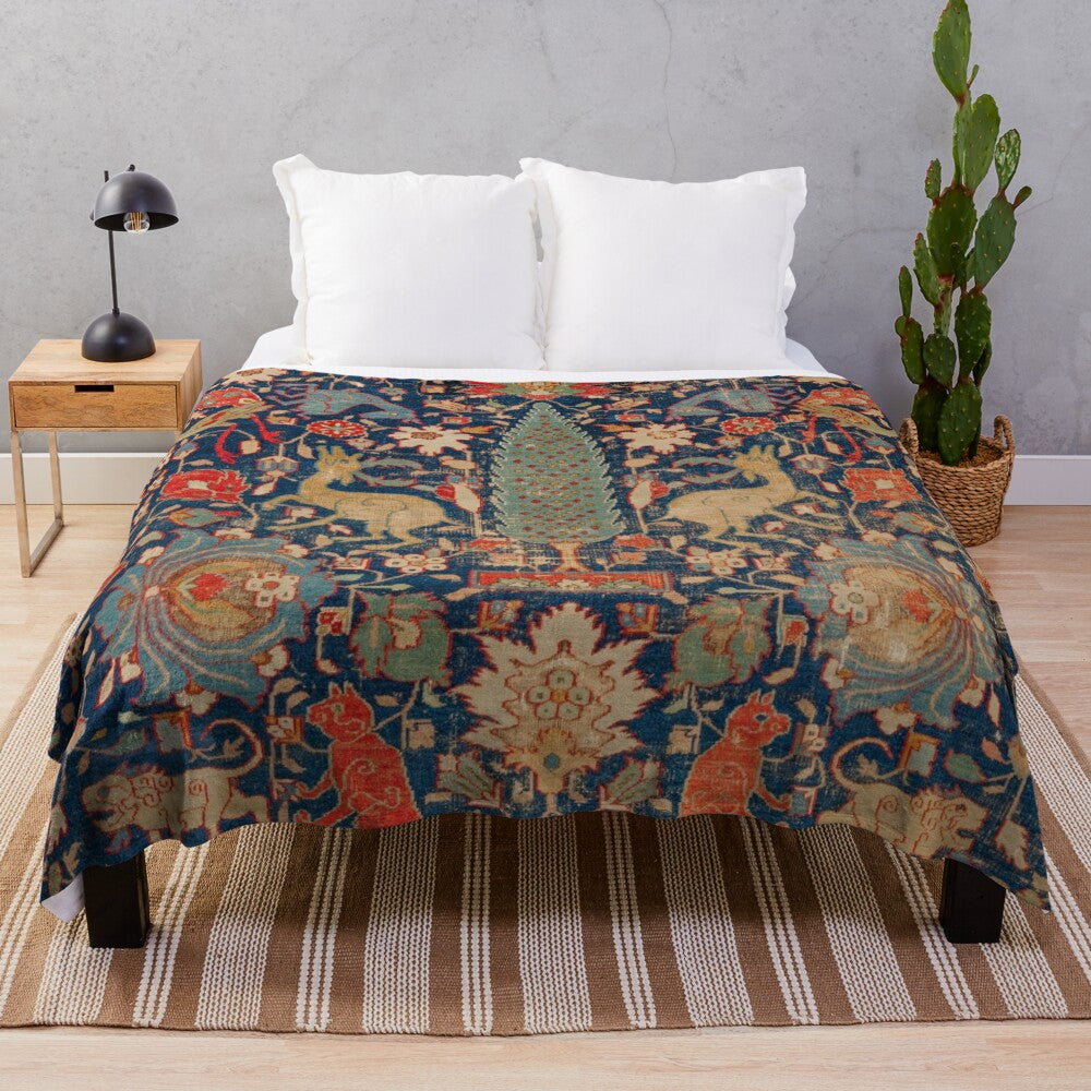 Plush blanket with a vibrant 17th century Persian-style rug pattern featuring animals and floral designs