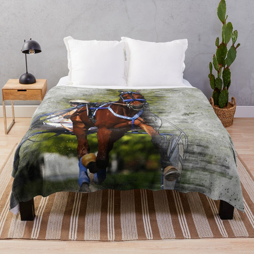 Plush blanket featuring a harness horse racing design