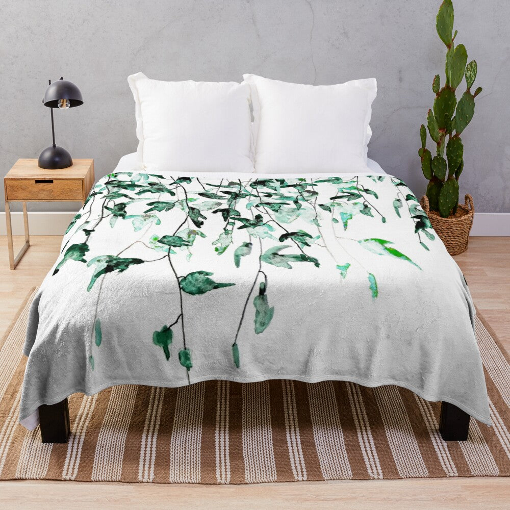 Watercolor painting of ivy plants climbing on a wall, printed on a soft plush blanket