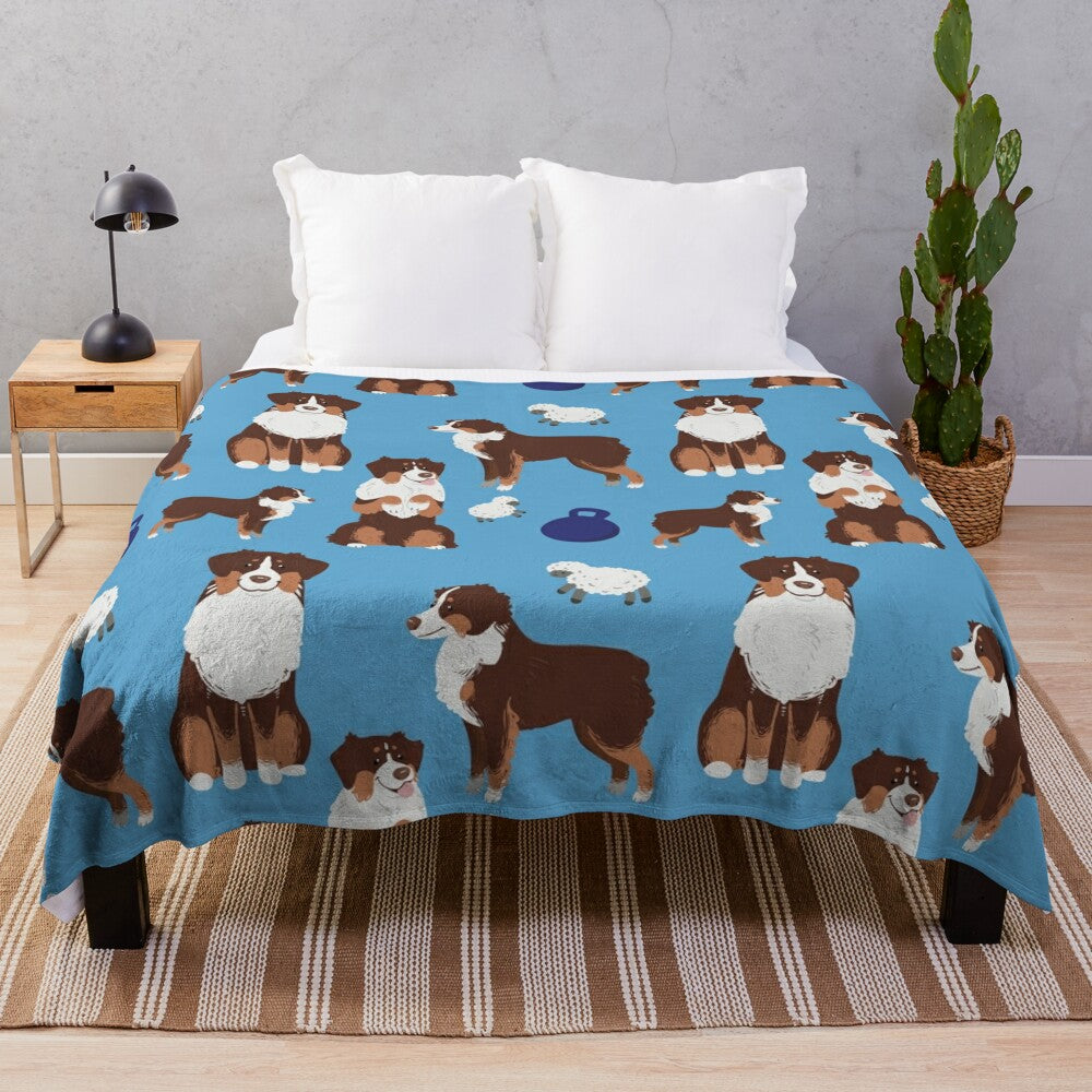 Australian Shepherd dog breed pattern on a plush blanket