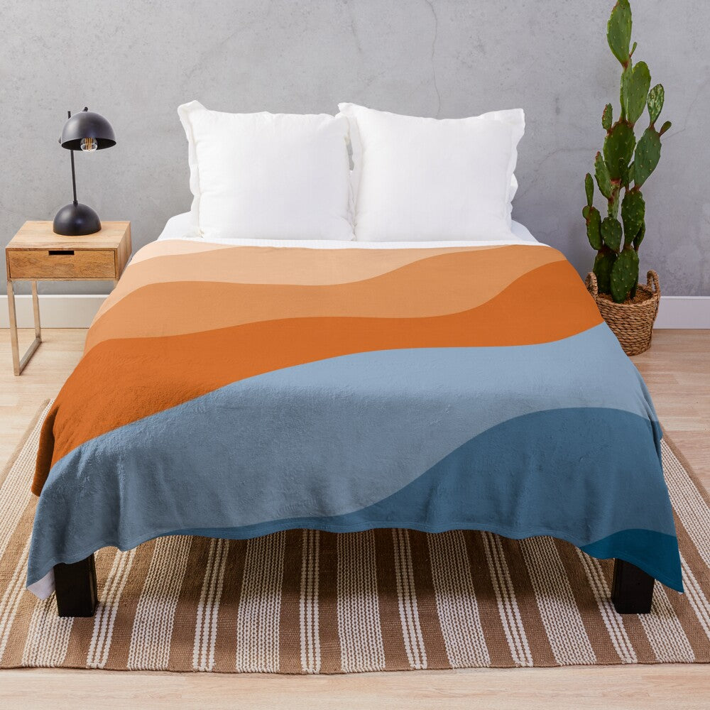 Blue and orange abstract waves pattern plush blanket