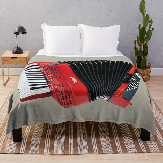 Accordion-themed plush blanket with musical instrument imagery