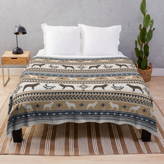 Boho Australian Shepherd Plush Blanket with Tribal Pattern