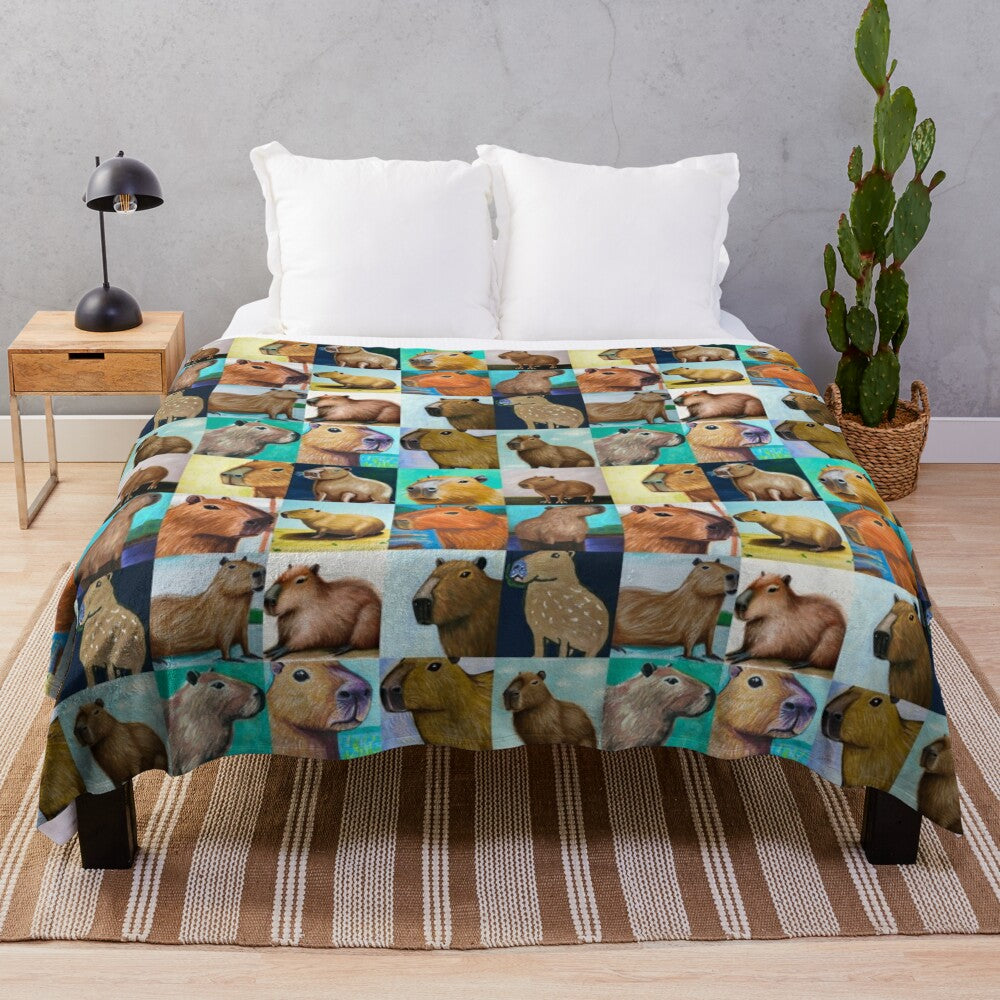 Capybara-patterned plush blanket with a tiled, repeating design