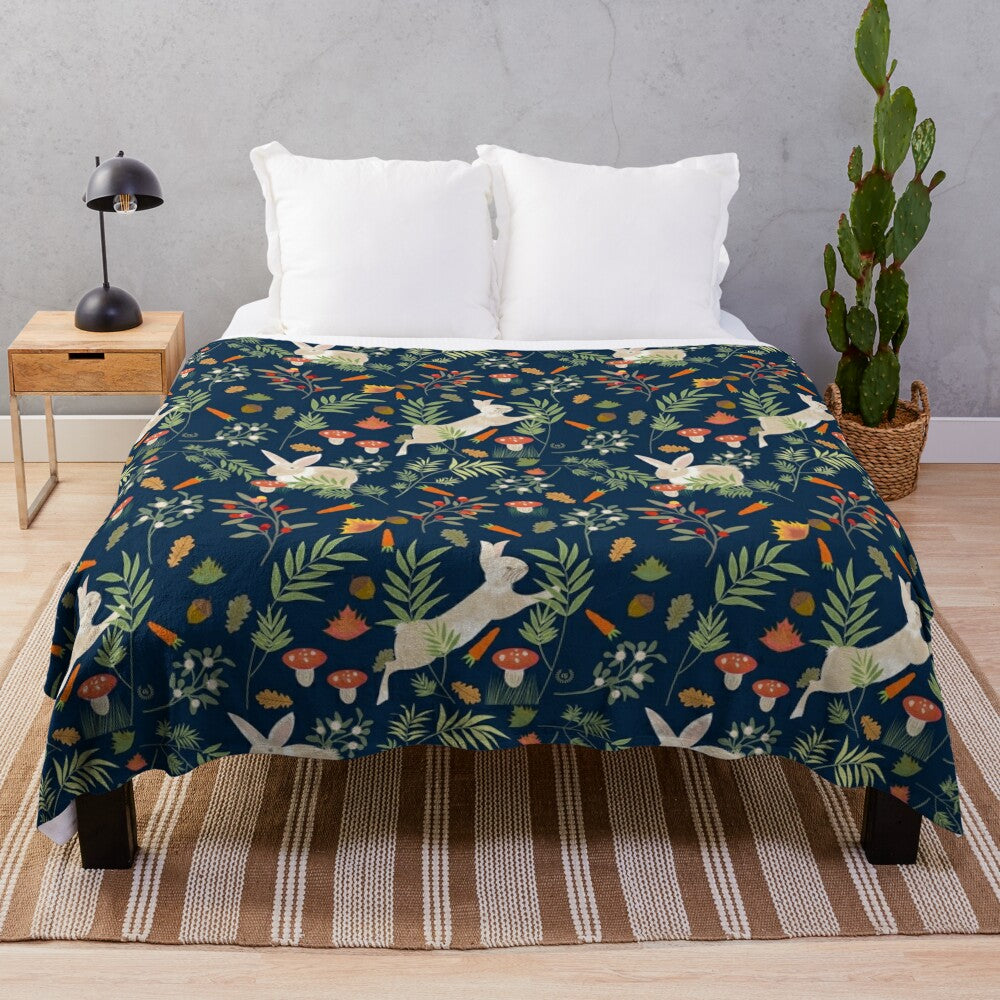 Plush blanket with a happy rabbit pattern in a botanical, nature-inspired design