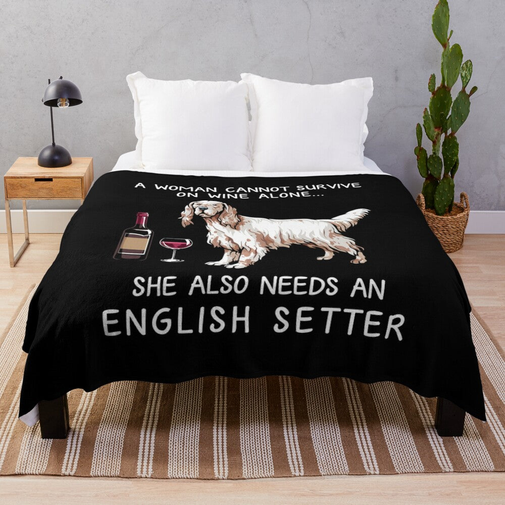 Cozy plush blanket featuring an English Setter dog and wine glass design