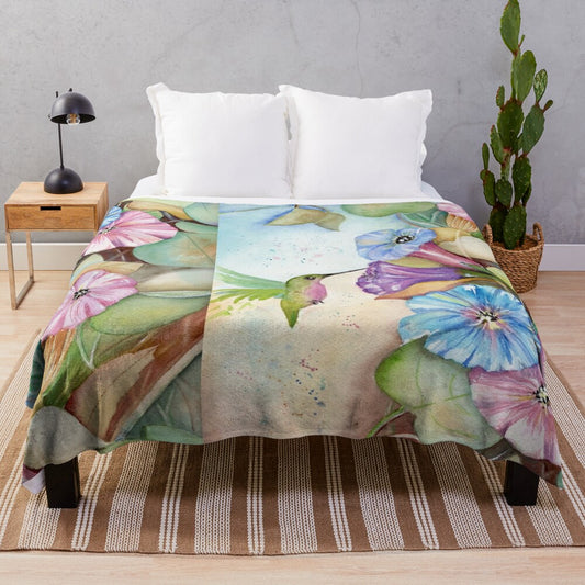 "Springtime Floral" plush blanket featuring a beautiful botanical design with flowers, birds, and plants