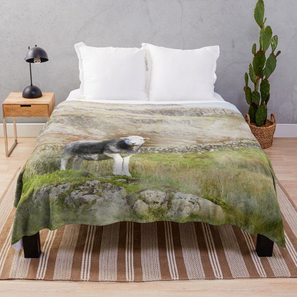 Herdwick sheep in a scenic Lake District landscape watercolor photograph printed on a soft, plush blanket