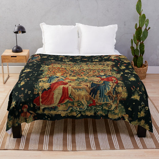 Vintage-style floral tapestry-inspired plush blanket with birds and court figures