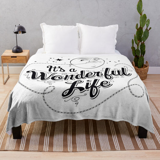 "It's a Wonderful Life" themed plush blanket with night sky, stars, and text elements