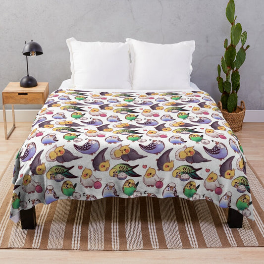 Soft and cozy plush blanket featuring a pattern of cute budgies and cockatiels