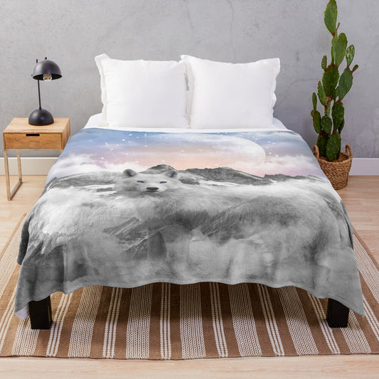 Plush blanket featuring a winter wolf design with a teal galaxy night sky