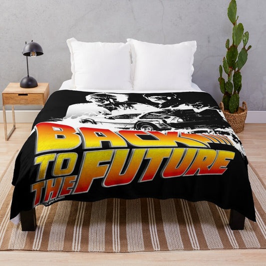 Back to the Future inspired plush blanket featuring DeLorean car, Marty McFly and Doc Brown stencil art