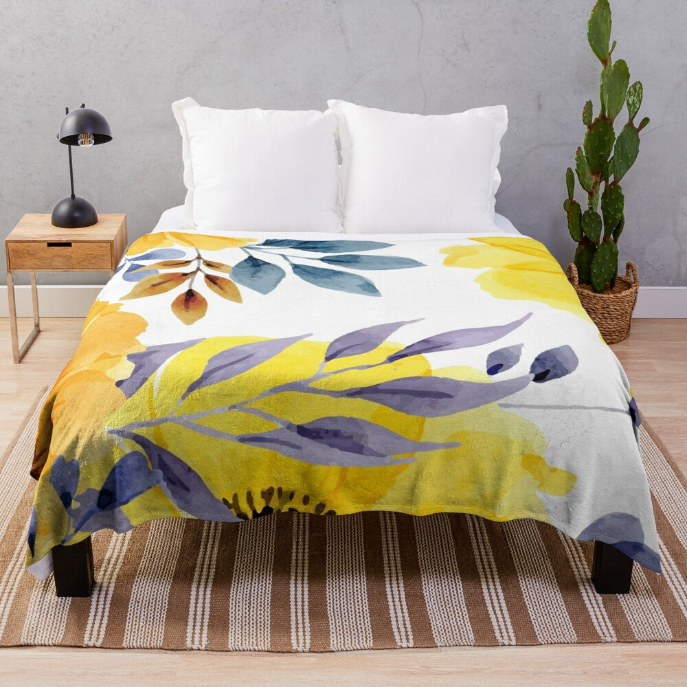 Vibrant watercolor floral pattern plush blanket