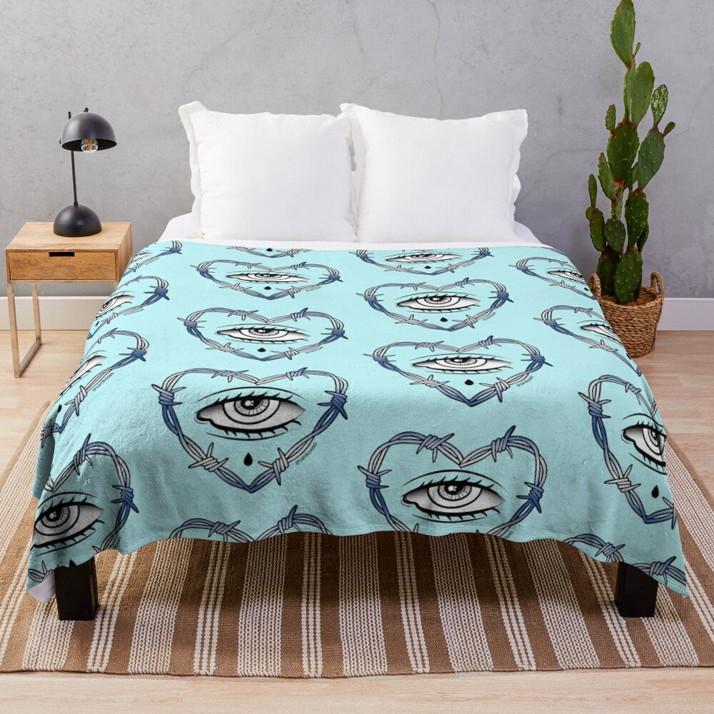 Vintage-inspired heart-shaped plush blanket with nature and abstract design