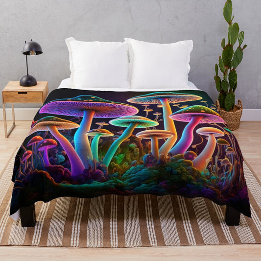 Glowing psychedelic mushroom plush blanket for trippy home decor