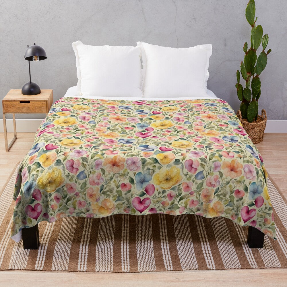 Pastel floral plush blanket with hearts and spring flowers