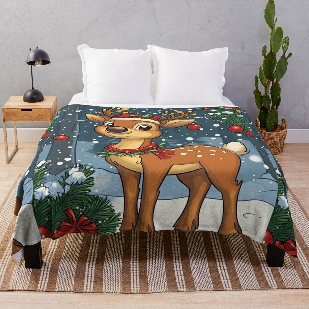 Soft and cuddly plush blanket featuring a charming Christmas reindeer design