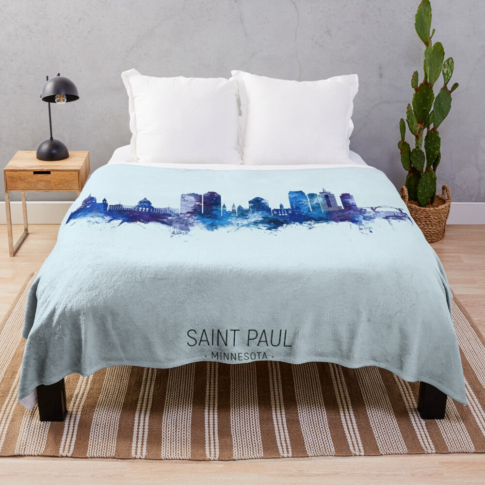 Watercolor Saint Paul Minnesota Skyline Plush Blanket featuring a cityscape silhouette design by artist Michael Tompsett