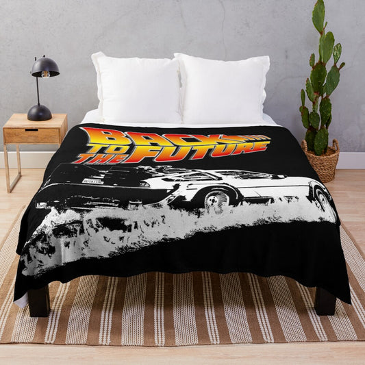 Back to the Future inspired Delorean plush blanket with fire tracks stencil design