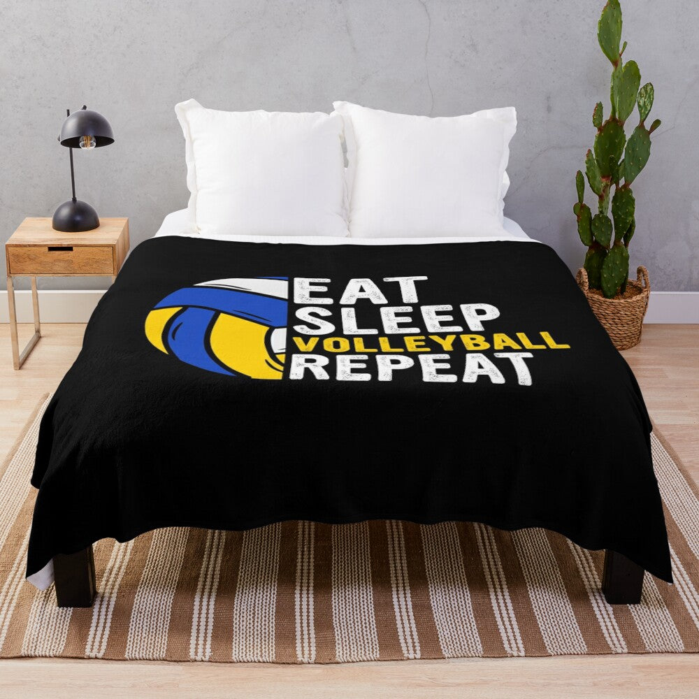 Cozy plush volleyball-themed blanket with "Eat Sleep Volleyball Repeat" design