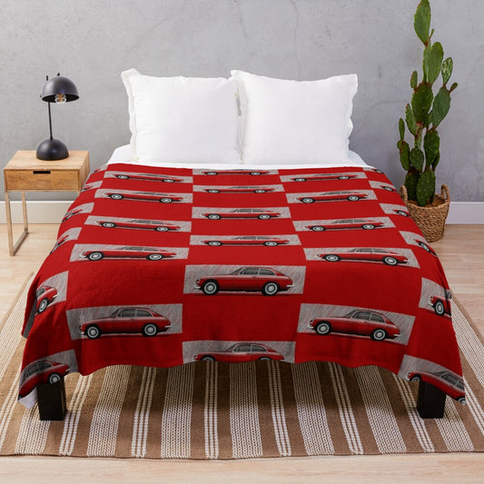 Plush blanket featuring an artistic illustration of the classic MGB GT sports coupe