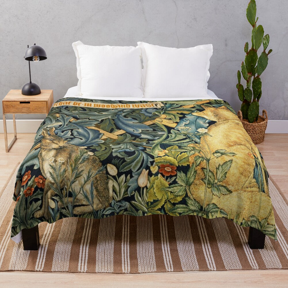 Colorful floral plush blanket with whimsical forest animals like a fox and hare