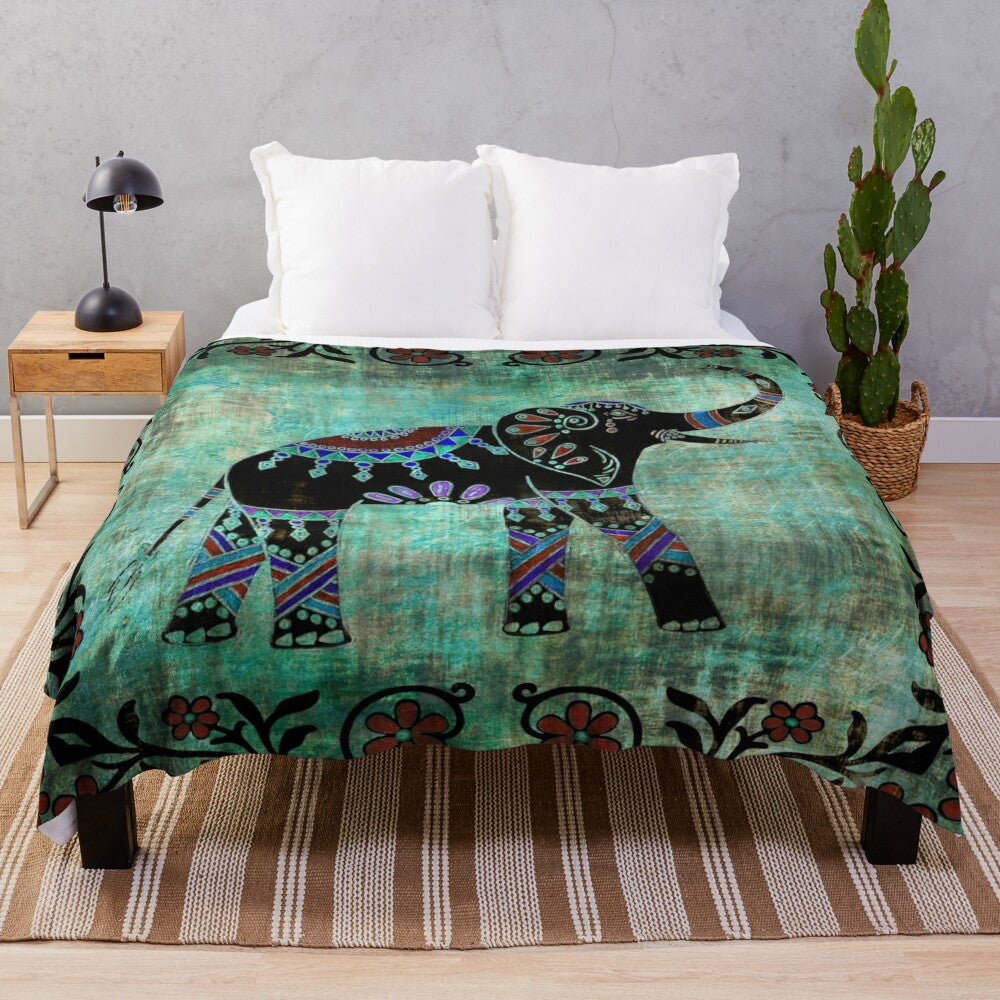 Decorative elephant plush blanket with intricate floral and asian art design