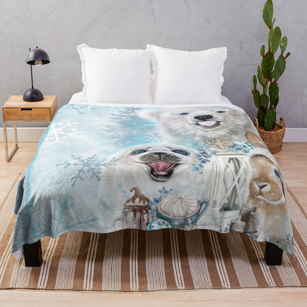 Soft and cuddly plush blanket featuring a polar bear, seal, and bunny design