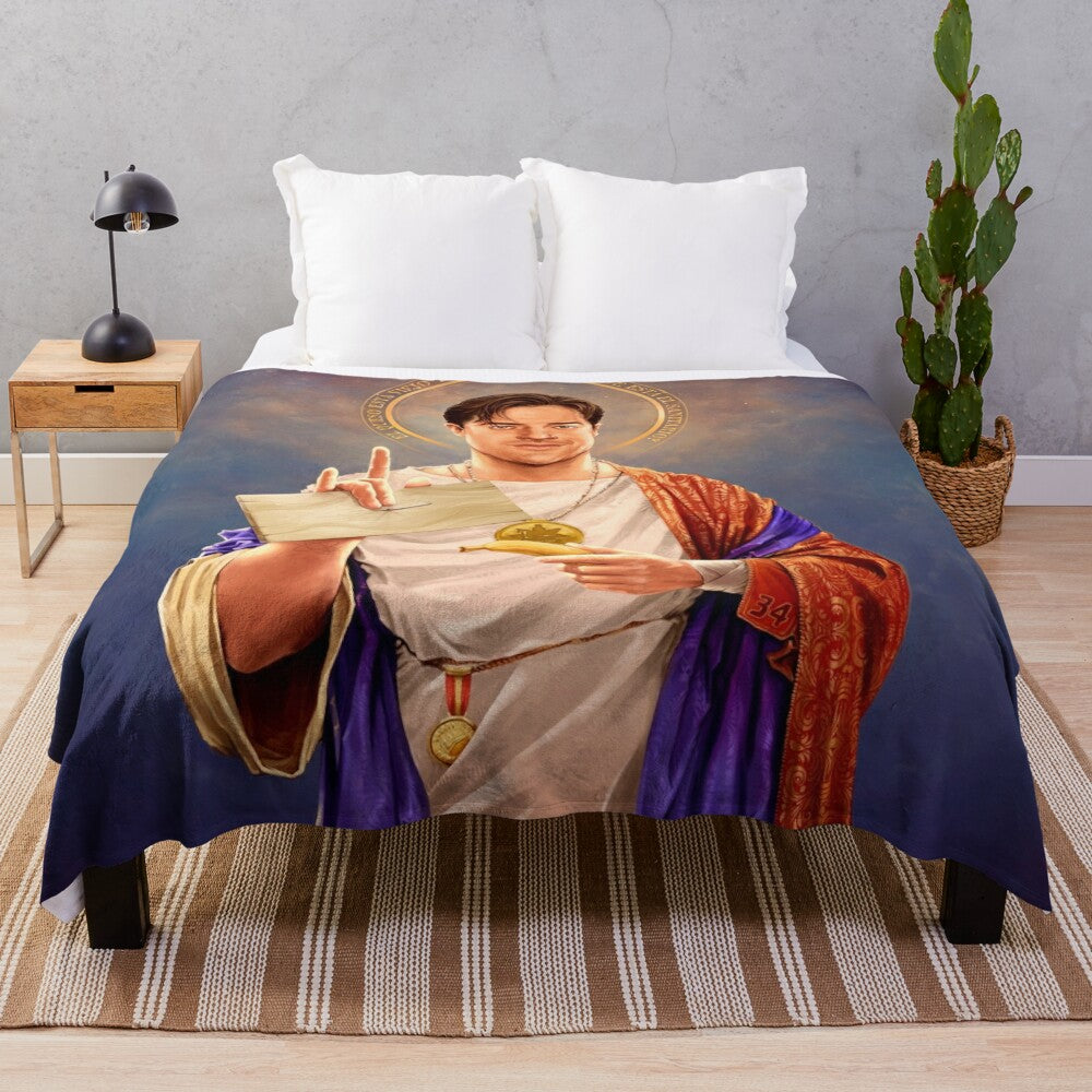 Brendan Fraser Inspired Plush Blanket with Saint Brendan Religious Artwork