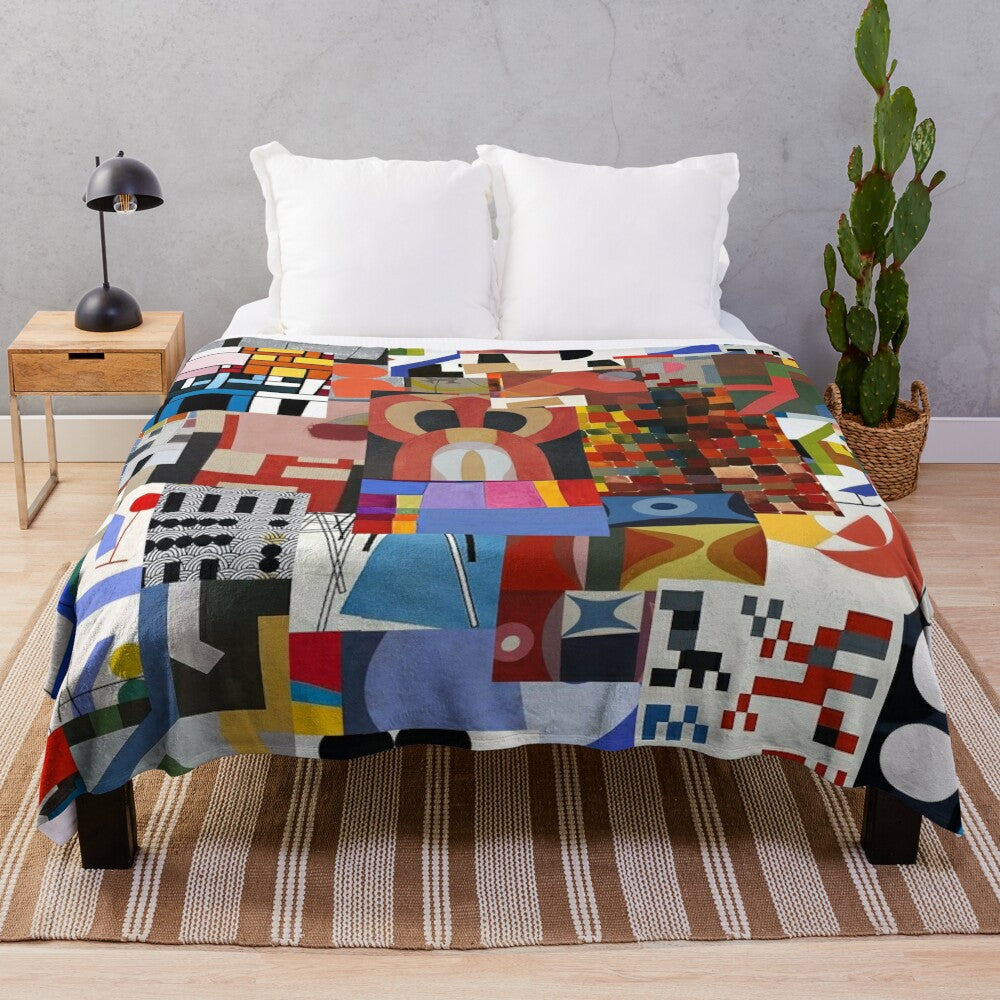 Soft, plush blanket with abstract geometric design inspired by the work of Swiss artist Sophie Taeuber-Arp