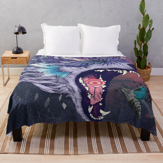 Kalopsia plush blanket featuring a psychedelic, surreal design with wild animals in a celestial landscape