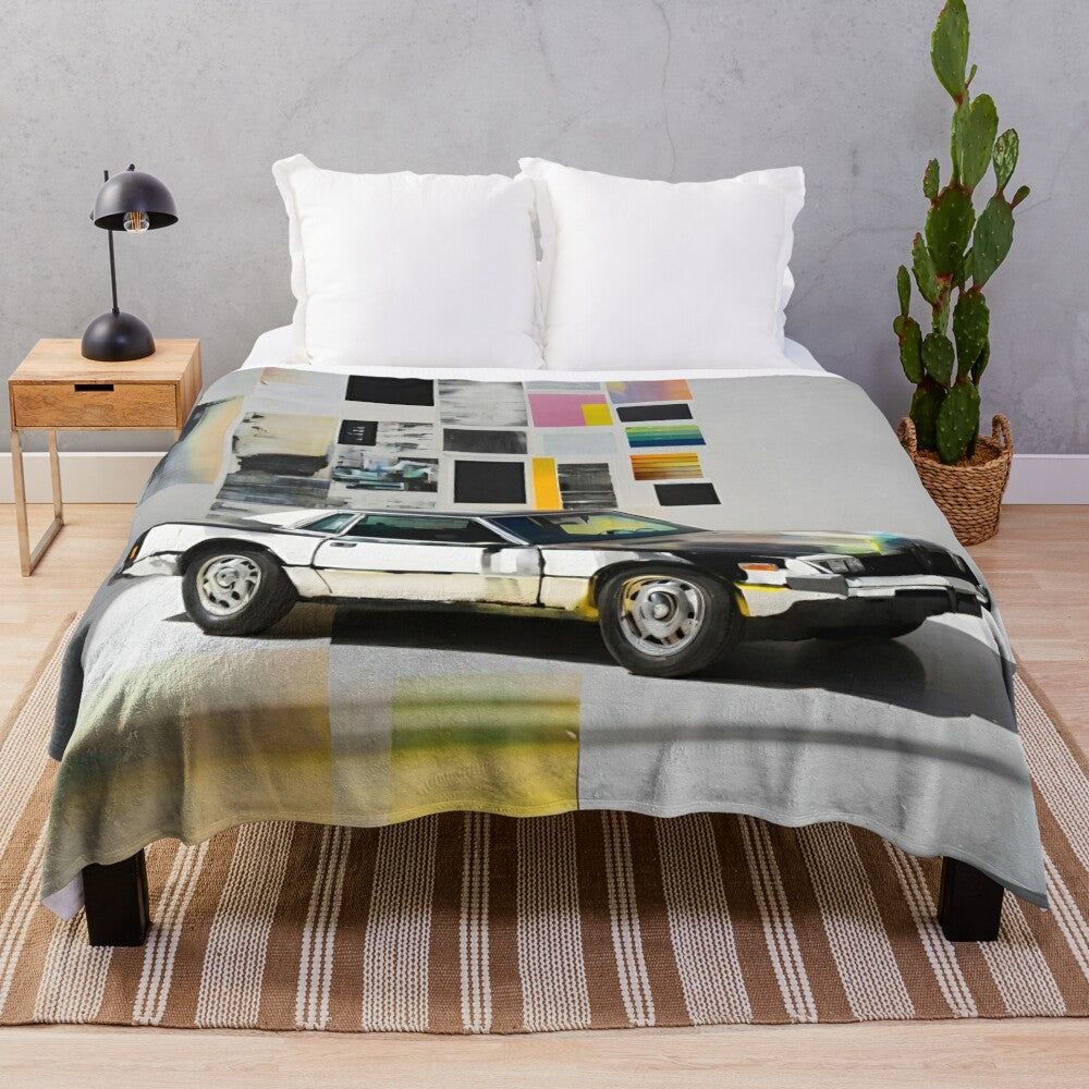 Plush blanket with minimalist oil painting style car artwork