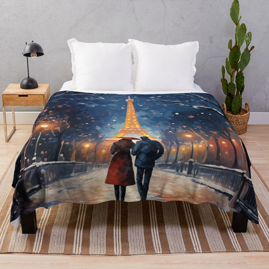 Couple in snow at night in Paris with Eiffel Tower, plush blanket